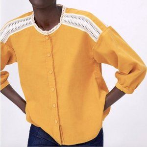 ZARA BASICS Winter Mustard Gold Cotton Corduroy Crochet Button Shirt Blouse Top